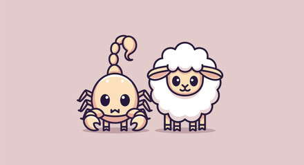 Two cute cartoon characters a friendly scorpion and a fluffy sheep. Pastel background