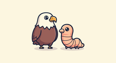 Cute cartoon eagle and worm stand side-by-side on a light-colored background