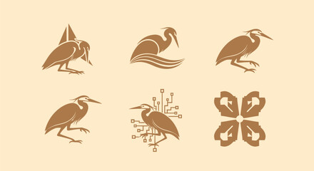 Six brown heron illustrations and graphic elements on a pale tan background