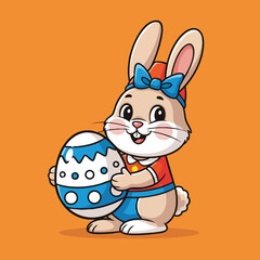 Fototapeta premium Easter bunny holding a decorated egg with a cheerful expression in a vibrant orange background 