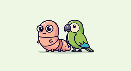 A cartoon worm with big eyes and a green parrot standing next to each other