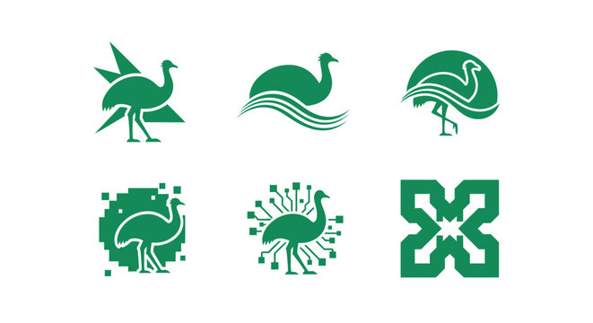 Six graphic designs with a green bird, each having a unique look