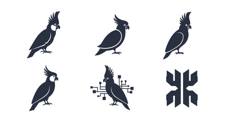 A collection of stylized parrot illustrations in dark blue/grey, also an abstract design