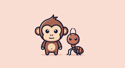 Cartoon illustration featuring a friendly monkey and an ant on a neutral background © gudangPIXEL