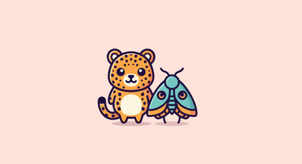 Cute cartoon cheetah stands next to a moth on a blush pink background