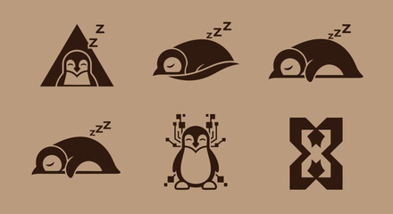 Six brown icons on tan background; stylized penguins, some sleeping, and geometric shapes