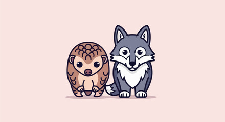 A cartoon hedgehog and wolf stand side-by-side on a pink background, with expressive eyes