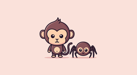 A cartoon monkey stands near a friendly spider. Both have large eyes and are in color