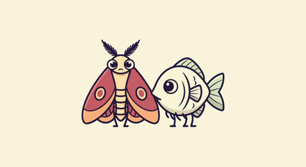 Cartoon moth and fish stand side by side on a cream background, looking friendly