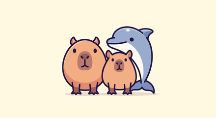 A cute illustration of a dolphin and two capybaras with simple line art on a light background