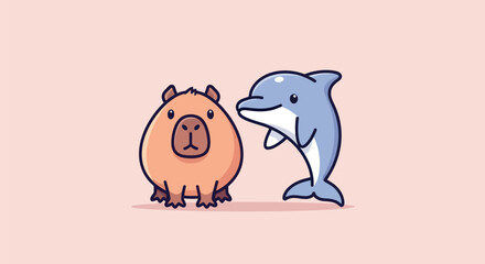 A cartoon capybara and dolphin stand side-by-side on a pink background, looking friendly