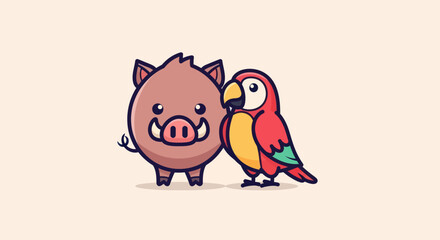 Naklejka premium A cartoon illustration of a boar and parrot standing next to each other