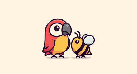 A cartoon parrot and bee stand side-by-side on a light cream background