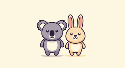 Cartoon illustration featuring a koala bear and a rabbit standing side by side