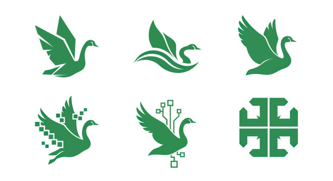 Six variations of stylized green swan logos, some with geometric and technological elements