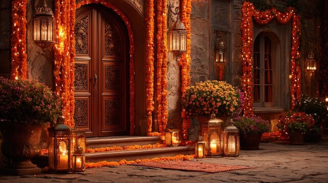 Ornate building entrance decorated extensively with bright orange floral garlands and glowing lanterns at night - Powered by Adobe