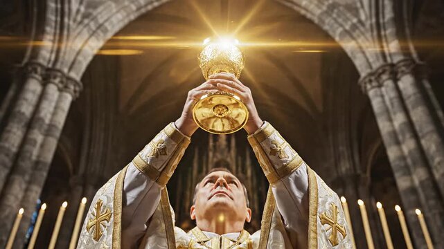Catholic priest raising a golden chalice during mass in a cathedral. Clergy member elevating the cup for the Holy Eucharist sacrament. Religious worship and faith concept