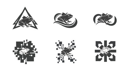 Six stylized frog illustrations in black and white, each in unique geometric and abstract designs