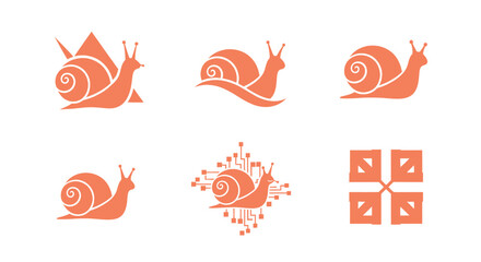 A collection of coral snail silhouettes showcasing design variations, including a tech-themed snail