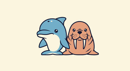 Cartoon illustration featuring a blue dolphin and a brown walrus, side-by-side