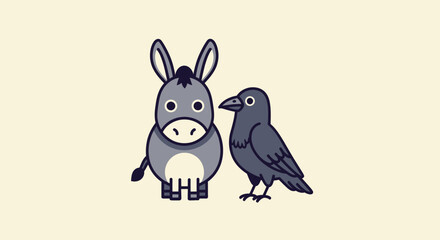 Cartoon donkey and crow, stylized in cool gray tones, stand side-by-side on a light cream backdrop