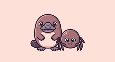 Naklejka premium A cartoon platypus and spider, brown and cute, stand side-by-side on a pink backdrop