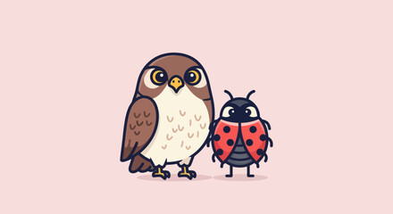 An illustration depicting a friendly hawk and ladybug with cute, simple cartoon designs