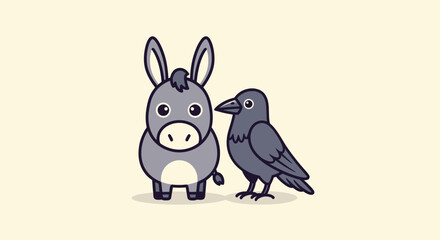 Cartoon depiction of a donkey and a crow standing side-by-side on a cream-colored backdrop