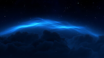 Mysterious cosmic energy pulsates through the darkened atmosphere, casting an otherworldly azure luminescence over abstract nebulae and distant starlight