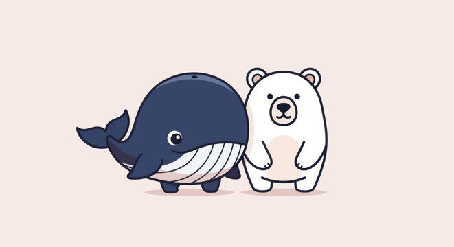 Cartoon whale and polar bear standing next to each other on a pink background