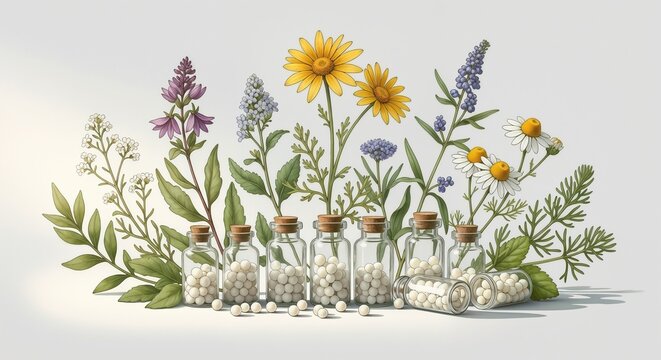 Art homeopathy concept with delicate flowers and medicinal herbs with  glass vials in a calm serene mood, soft background