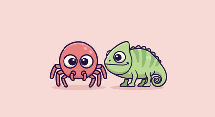 Cartoon illustration featuring a friendly red spider and a green chameleon against a pink backdrop