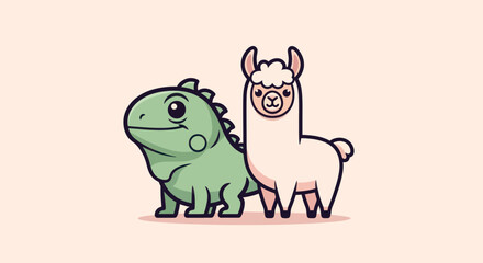 Obraz premium Cartoon illustration featuring a green lizard-like creature and a white llama-like animal