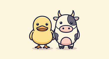 Adorable cartoon duck and cow stand side-by-side, on a light yellow background