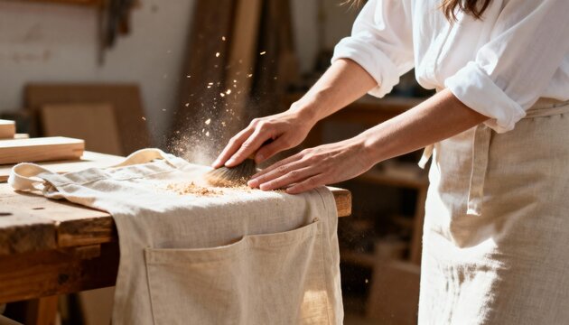 A craftswoman cleans sawdust from her apron with a brush in a woodworking workshop. Close-up of an artisan's hands at a workbench. Handmade craft and small business concept