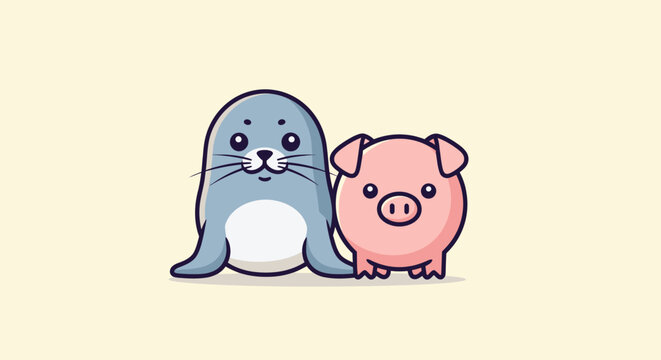 A stylized blue seal and pink pig stand side-by-side, on a light yellow background
