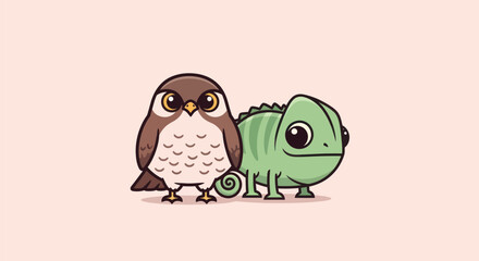 A cartoon owl and chameleon stand together, facing the viewer on a pale pink backdrop