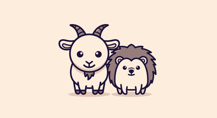 Two cartoon animals, a goat and hedgehog, stand side-by-side, smiling against a light background