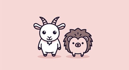 Fototapeta premium Two cartoon animals a goat and a hedgehog, stand side-by-side on a pink background