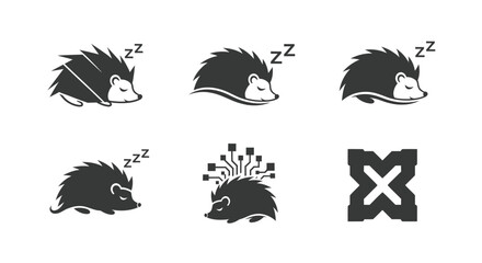 Six gray illustrations of hedgehogs, some sleeping, one with tech, and an X shape