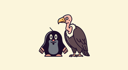 Cartoon illustration featuring a mole and a vulture on a cream background