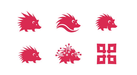 Six minimalist illustrations of a hedgehog in various designs, all in a red-pink color