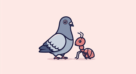 A stylized cartoon depiction of a pigeon and an ant standing together. Simple shapes and colors