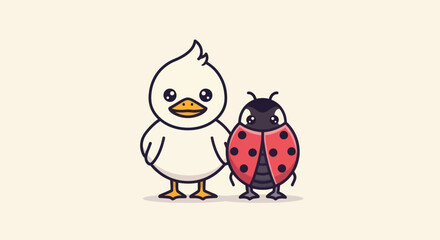A cheerful duckling and ladybug stand together, smiling, set against a creamy background