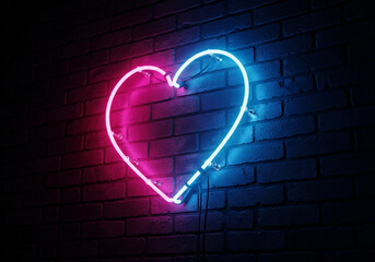 Vibrant and Glowing Pink and Blue Neon Heart Sign on a Dark Brick Wall for a Modern Valentine's Concept
