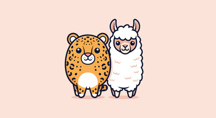 Obraz premium Cute, round cartoon cheetah and alpaca stand together on a pink background