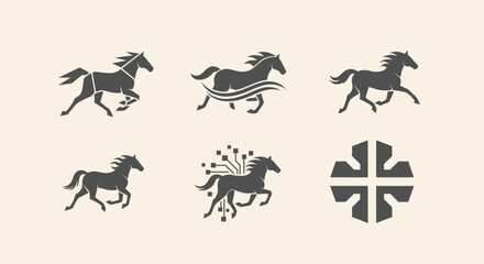 Fototapeta premium Collection of stylized horse logos, plus an emblem, in grey on a beige background