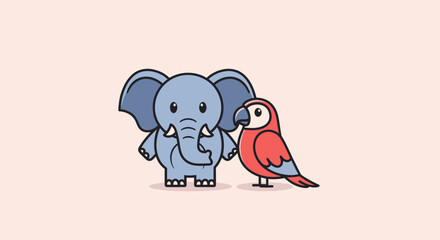 A charming illustration depicts a cartoon elephant and a vibrant parrot standing together