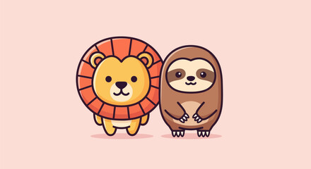 Naklejka premium Cartoon illustration of a lion and sloth standing together on a pink background