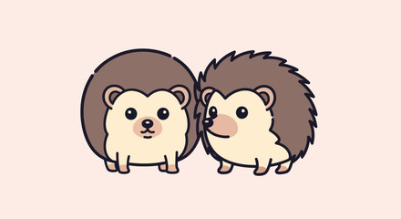 Two cartoon hedgehogs with brown spikes and tan bellies side-by-side on a pink background
